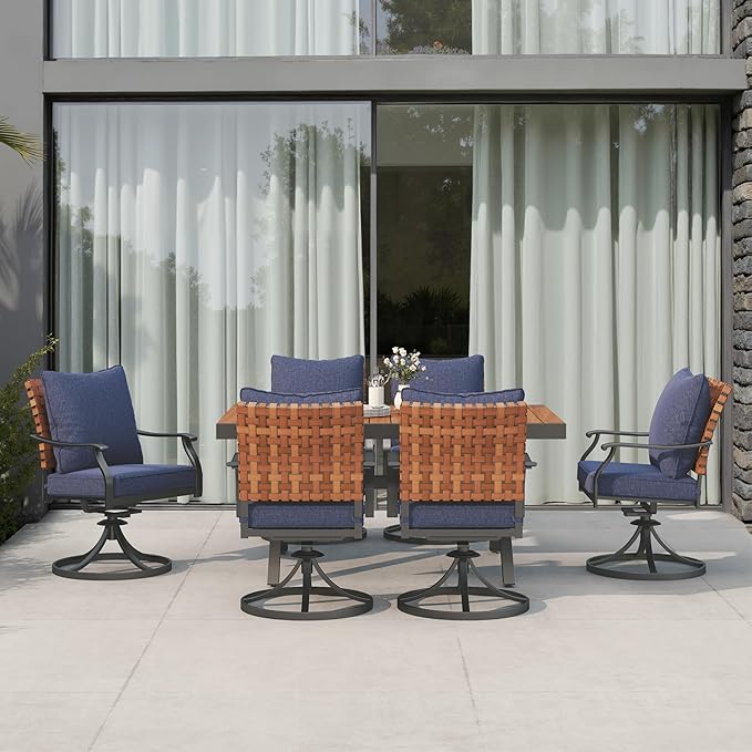 Grand patio 7-Piece Outdoor Dining Set, 6 Leather-Look Wicker Blue Swivel Patio - Image 2