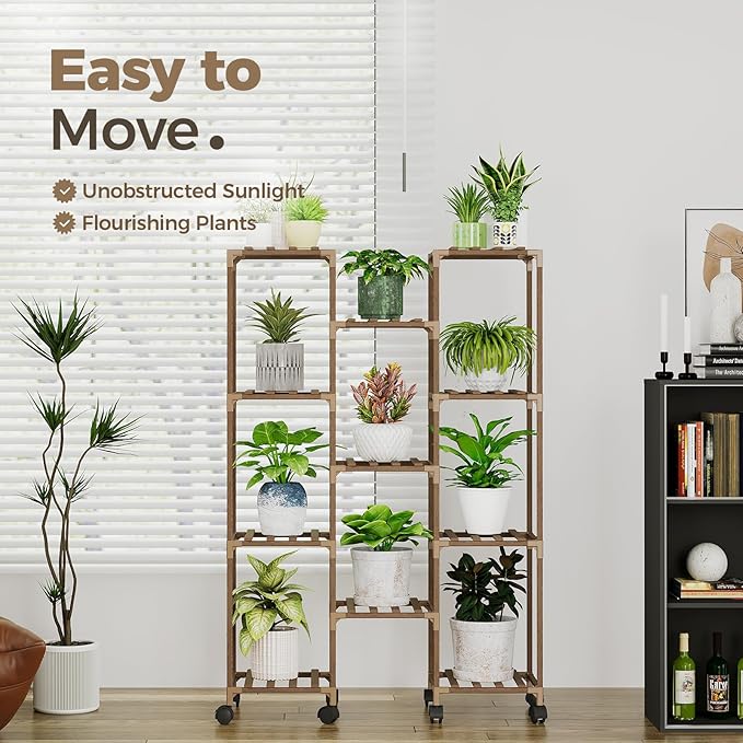 Bamworld Plant Stand With Wheels Indoor Outdoor Wood Plants Shelf - Image 2