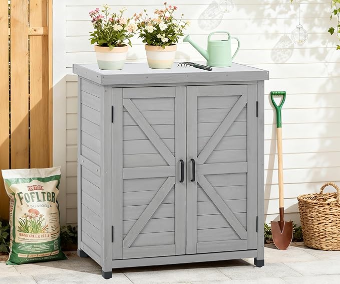 Outdoor Potting Bench with Storage Cabinet and Metal Top, Wood Workstation - Image 8