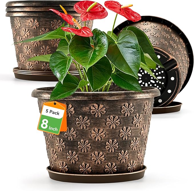 8 Inch Planter Pots for Plants, Plastic Flower Pots Indoor Outdoor, 5 Pack by FlowyypoPlantPot