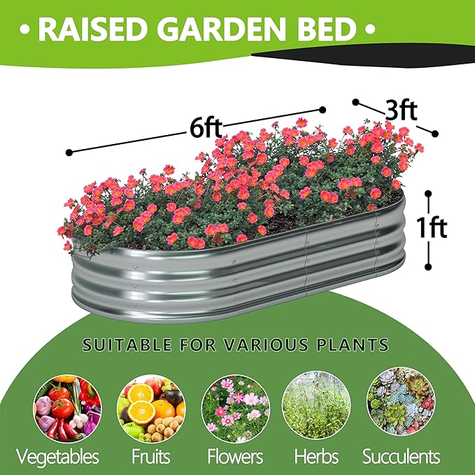 6x3x1ft Galvanized Oval Raised Garden Bed, Outdoor Planter Box Metal Patio Kit - Image 2