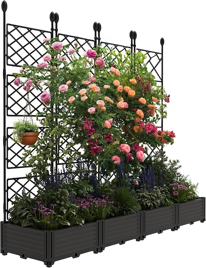 4 PCS Raised Garden Bed with Trellis & Privacy Screen, Flowers on Patio by Unknown