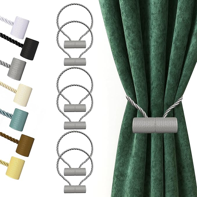 Hion Magnetic Curtain Tiebacks Grey 6 Pack, Curtain Tiebacks Buckles Holdbacks by Hion