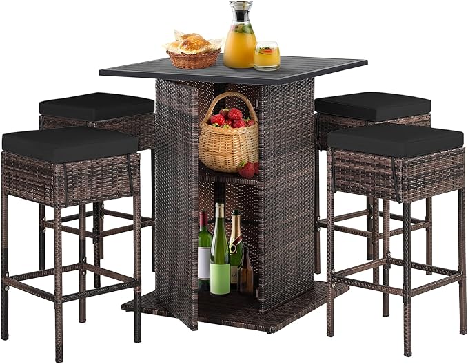 Tangkula 5 Piece Outdoor Rattan Bar Set, Patio Bar Furniture by TANGKULA