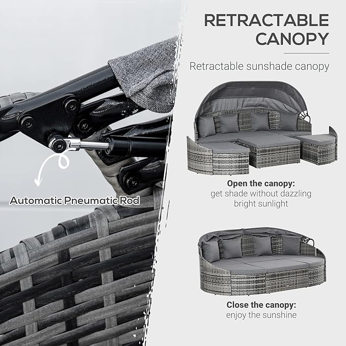 Outsunny 4-Piece Outdoor Rattan Furniture Set, Round Convertible Patio Daybed - Image 4