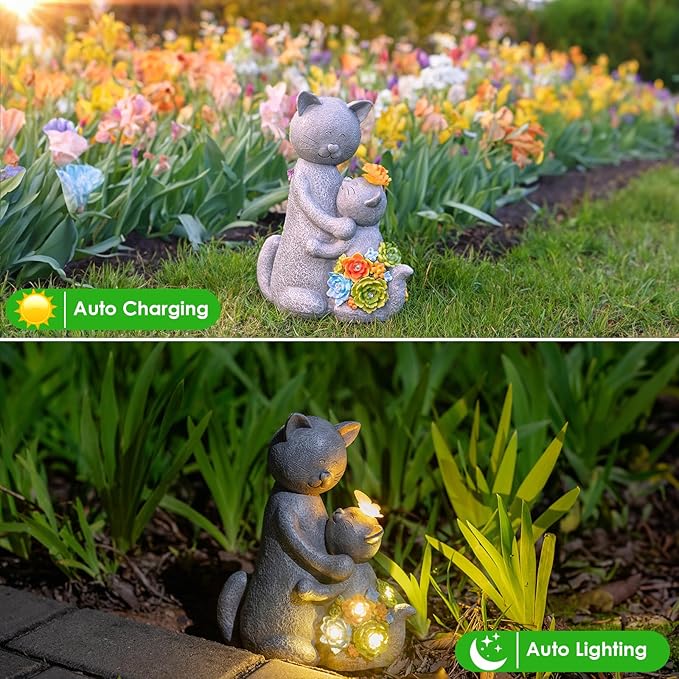 Solar Garden Statues Loving Cat Figurine Lights - Image 2