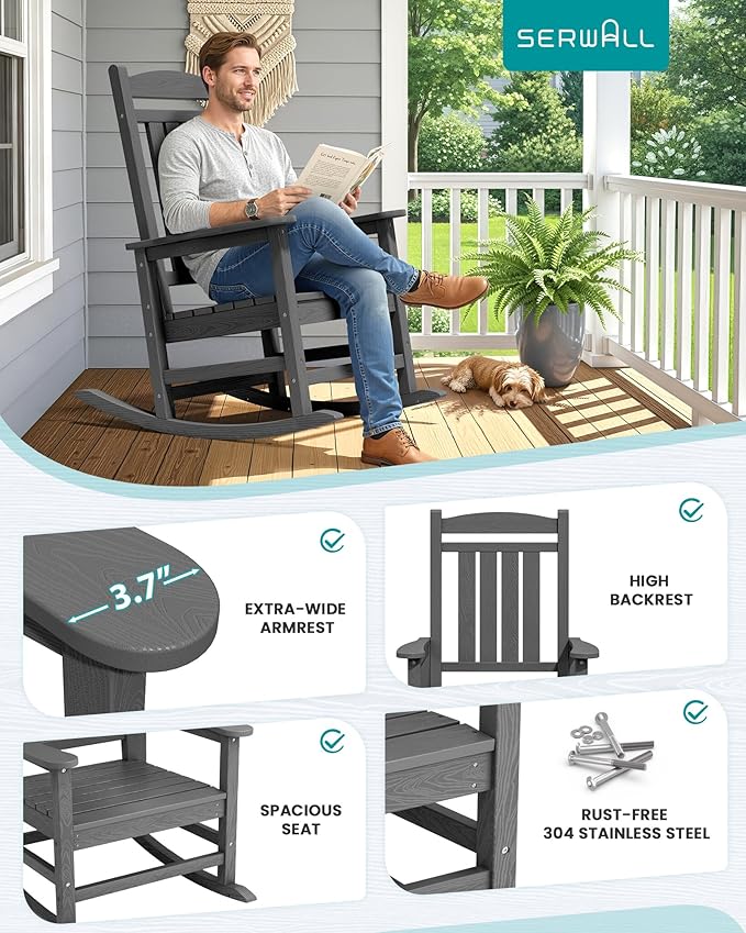 SERWALL Outdoor Rocking Chair Set of 2, HDPE Patio Rocking Chair, All-Weather - Image 5