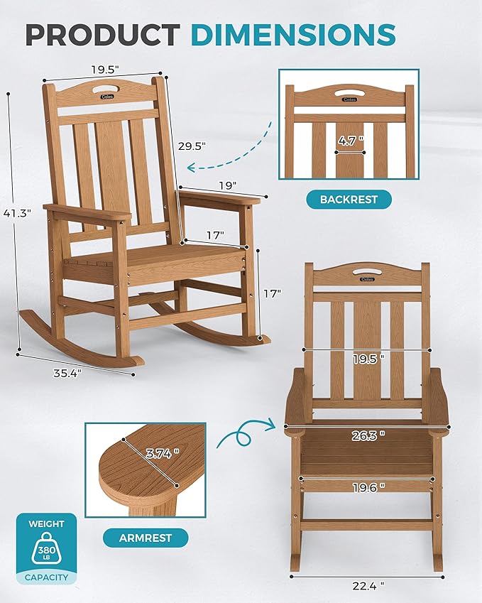 Ciokea Oversized Outdoor Rocking Chair, 380lbs Heavy-Duty Large Patio Rocker - Image 3