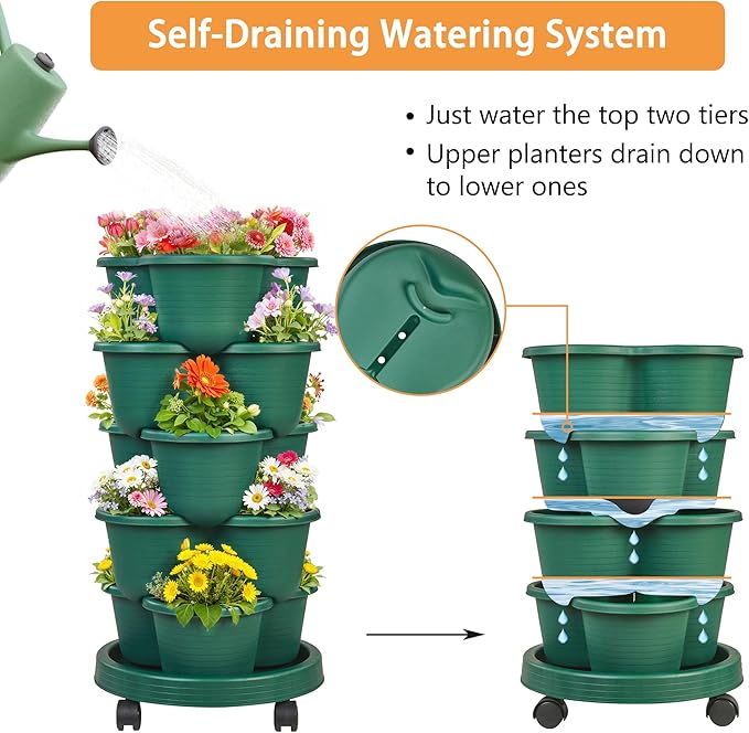 VECELO 5 Tier Vertical Garden Planter, Self Watering Stackable Planters - Image 3