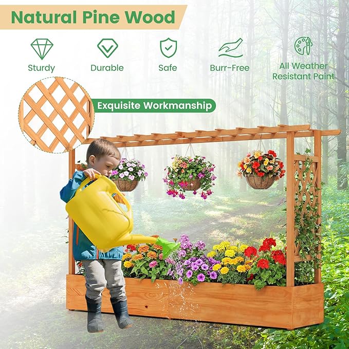 Giantex Raised Garden Bed with Trellis & Hanging Roof, Wood Planter Box with - Image 3
