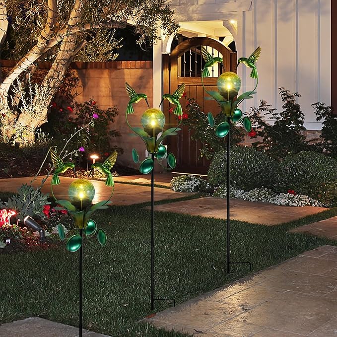 Solar Lights Outdoor Metal Garden Stake Waterproof Crackle Glass Globe Garden - Image 7
