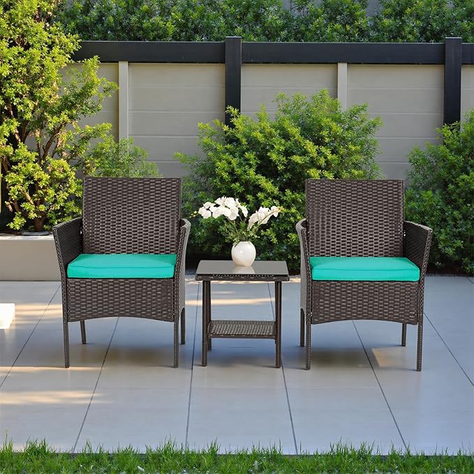 FDW | 3-Piece Patio Furniture Set | Brown & Blue | Outdoor Wicker Furniture - Image 6