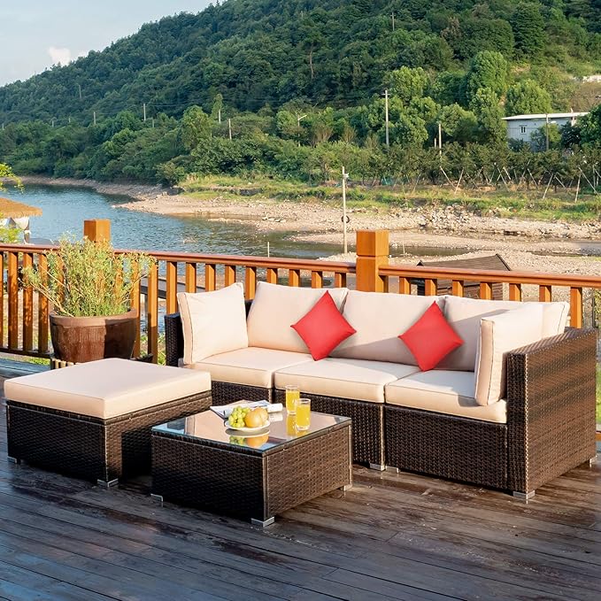 Tangkula 5 Pieces Patio Rattan Furniture Set, Outdoor Sectional Rattan Sofa Set by TANGKULA