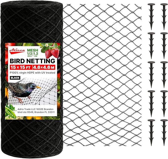 Heavy Duty Bird Netting for Garden Protection & Fruit Trees, 15x15 Ft by Aticca