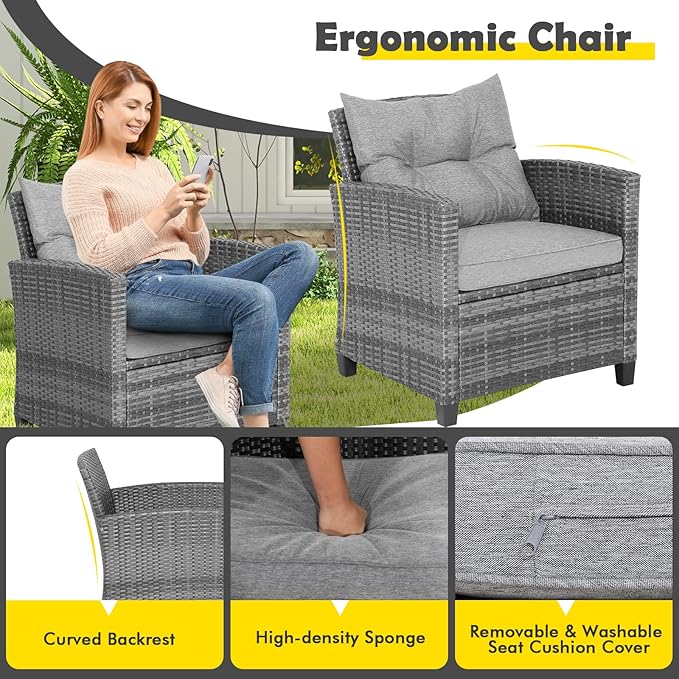 Tangkula 3 Pieces Patio Furniture Set, Outdoor PE Rattan Conversation Chair Set - Image 6