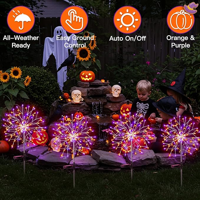 suddus Solar Halloween Lights Outdoor Solar Powered, Upgrade 2-Pack Orange & - Image 2