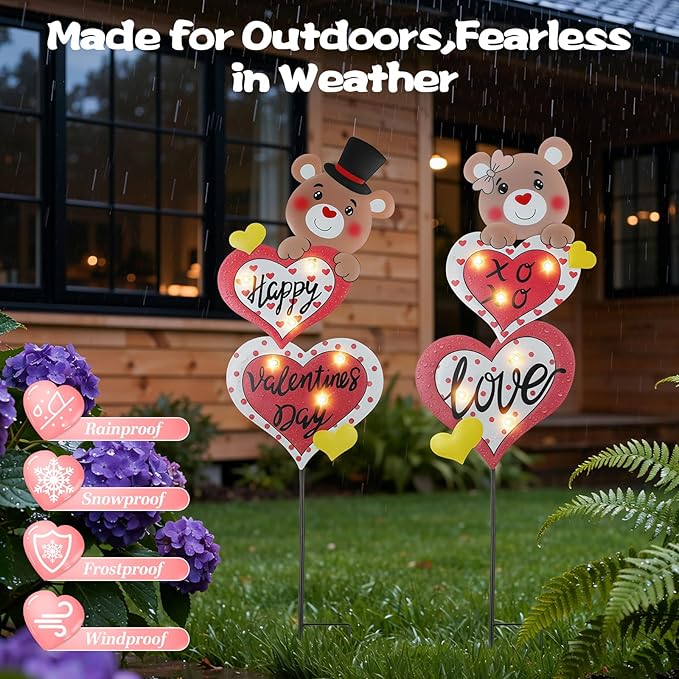 Lewondr 2 Pcs Valentine's Day Decorations Outdoor, Metal Solar Pathway Lights - Image 4