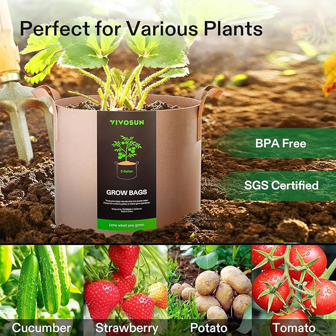 VIVOSUN 5-Pack 5 Gallons Grow Bags Heavy Duty Thickened Nonwoven Fabric Pots - Image 7