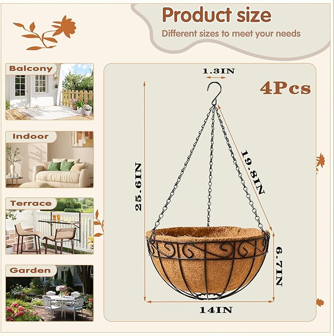 14 inch Metal Hanging Baskets For Plants Outdoor 4 Pack Round Metal Wire - Image 5
