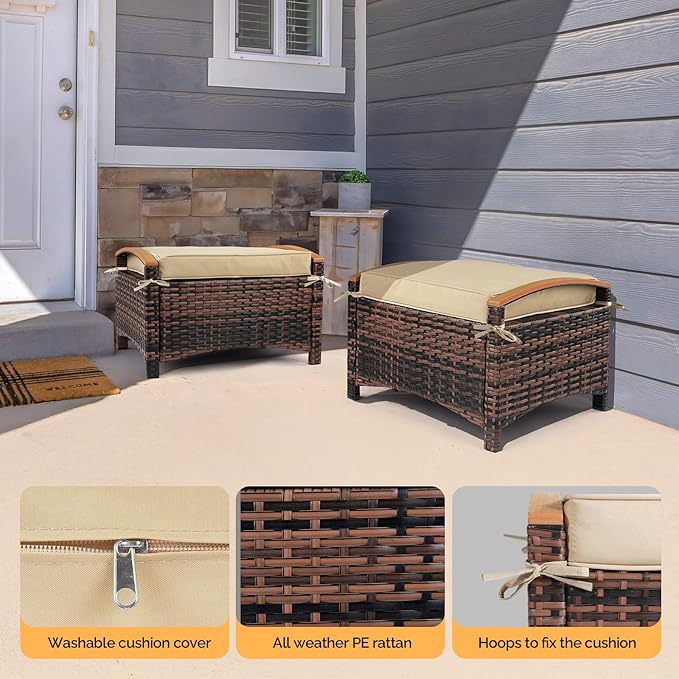 VINGLI Wicker Outdoor Ottoman Set of 2, All Weather PE Rattan Footstool - Image 6