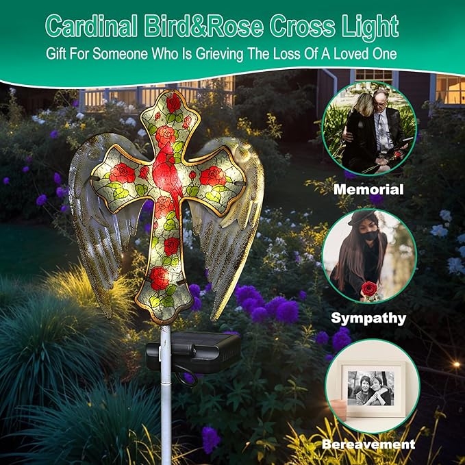 YJFWAL Cardinal Bird&Rose Cross Garden Stake Light, Solar Glass Cross - Image 6