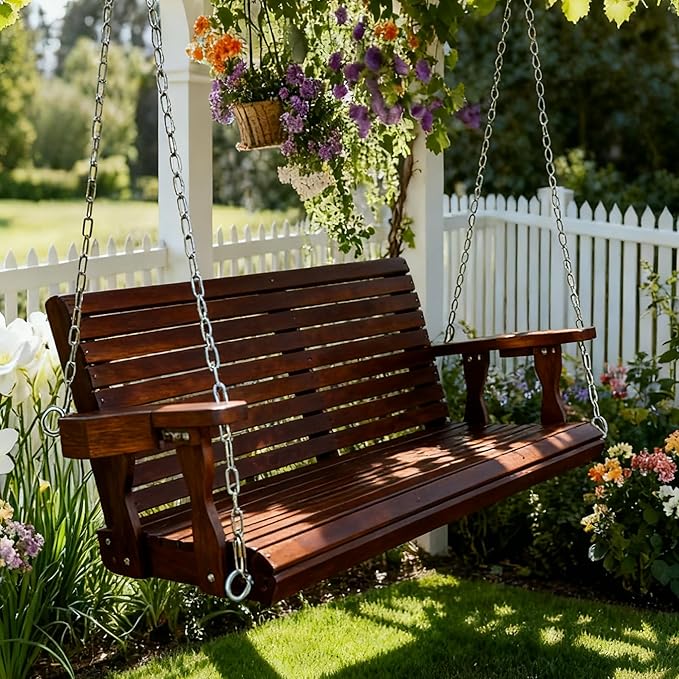 Wooden Porch Swing 2-Seater, High Backrest and Deep Seat, Bench Swing - Image 2