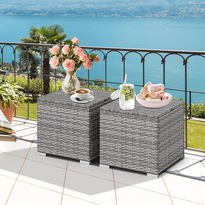 Tangkula 2 Pieces Patio Ottomans, Patiojoy Hand-Woven PE Rattan Side Table - Image 6