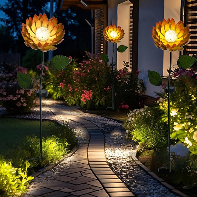 VCUTEKA Solar Garden Lights Metal Flower Decor Colorful Yellow Flowers Solar - Image 2