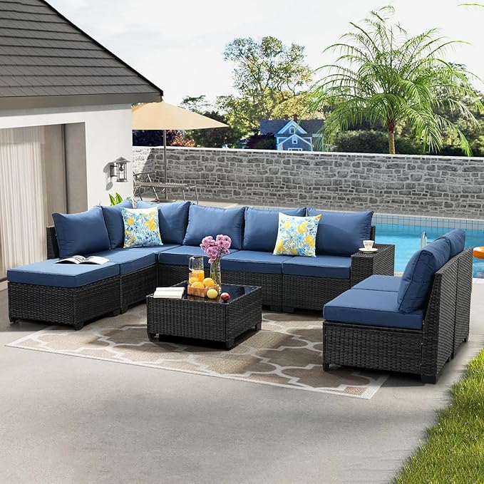 9 Pieces Patio Furniture Set All-Weather Outdoor Wicker Sectional Conversation - Image 7