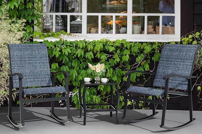 Vongrasig 3 Piece Outdoor Rocking Bistro Set, Textilene Fabric Small Patio - Image 8