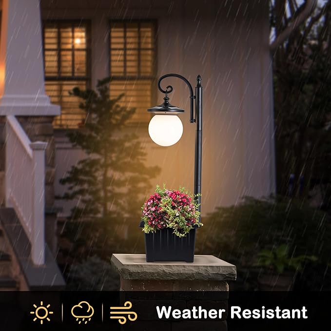 Outdoor Post Light with Planter, Matte Black Solar Lamp Post Light with Globe - Image 2