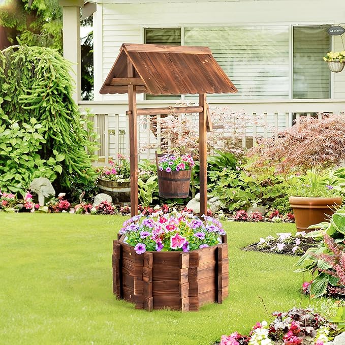VINGLI Wooden Wishing Well Outdoor Planters, Well Covers by VINGLI