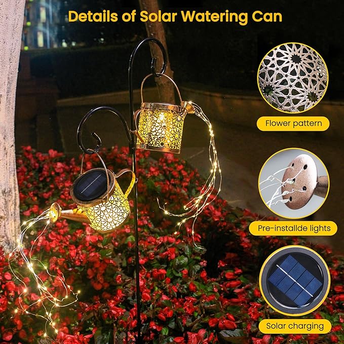 Solar Lights Outdoor Decorative, 2 Pack Metal Watering Can Lights Waterproof - Image 7