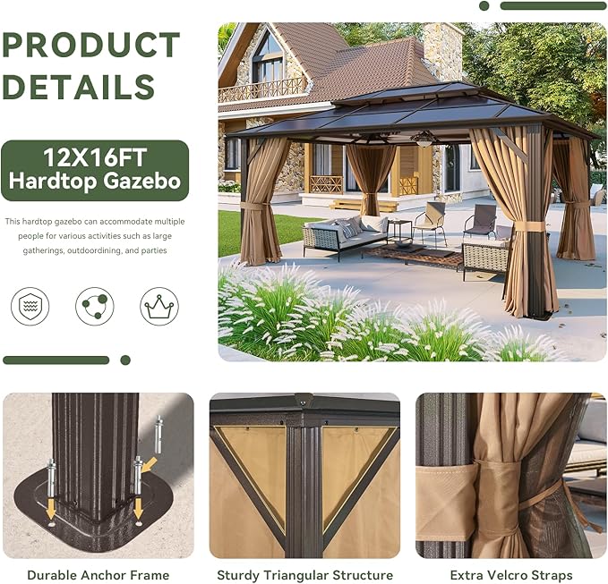 Aoxun 12'x16' Hardtop Gazebo, Aluminum Frame Permanent Pavilion - Image 5