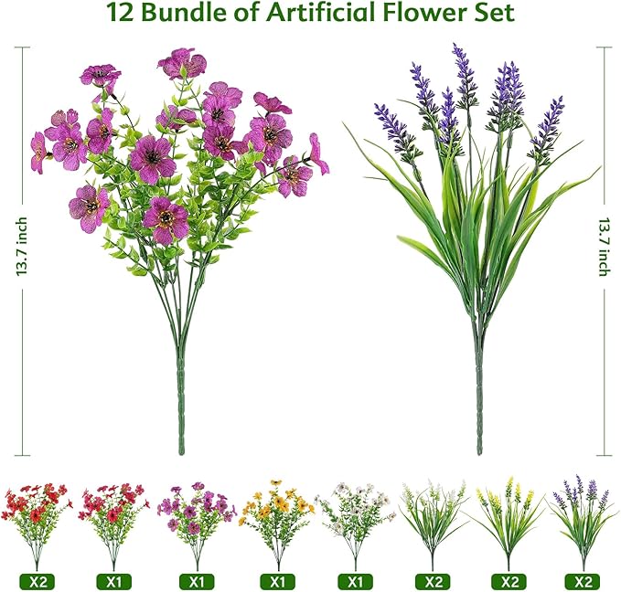 12 Bundles Artificial Flowers for Outdoor, No Fade Fake Plastic Flower Lavender - Image 3