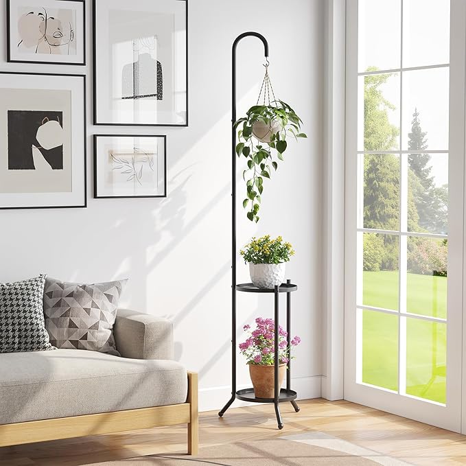 2-Tier Metal Plant Stand with Hanging Hook, Indoor Outdoor Plant Shelf - Image 2