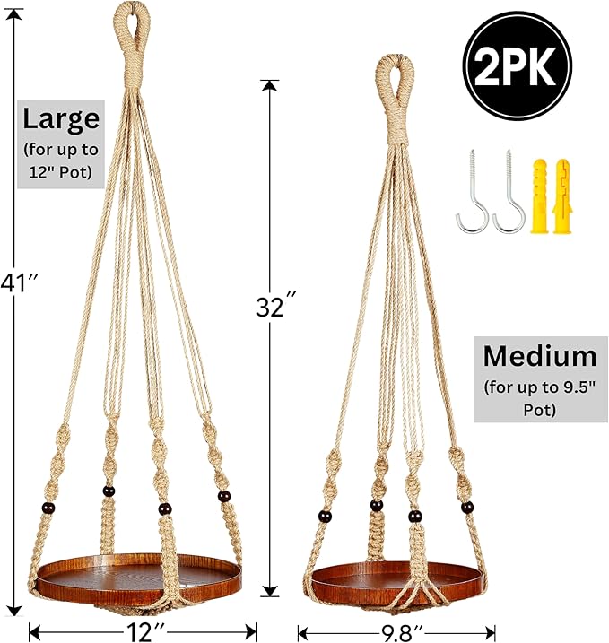 2 Pack Macrame Plant Hanger | Plant Hanger Indoor, Hanging Planter Shelf | - Image 3