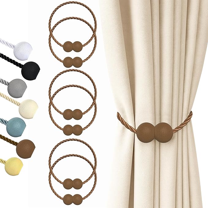 Hion Magnetic Curtain Tiebacks Dark Brown 6 Pack, Curtain Tiebacks Buckles by Hion