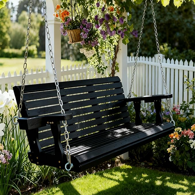 Wooden Porch Swing 3-Seater, High Backrest and Deep Seat, Bench Swing - Image 2