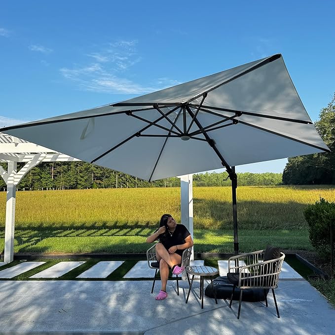 PURPLE LEAF 10 Feet Patio Umbrella Outdoor Cantilever Solar Powered LED Swivel - Image 2