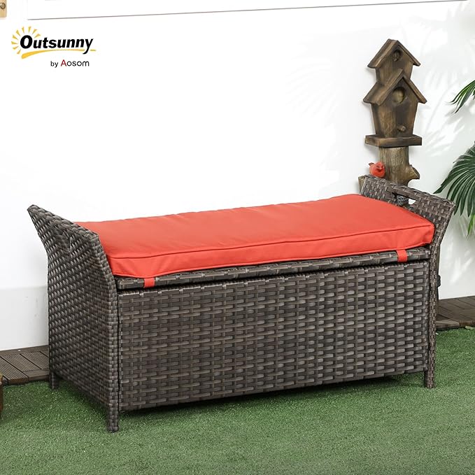 Outsunny 29 Gallon Patio Wicker Storage Bench, Outdoor PE Rattan Patio Furniture - Image 2