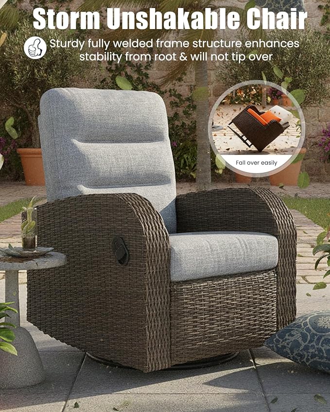 Outdoor Swivel Recliner Chair Set of 2, All-Weather Wicker Reclining Patio Chair - Image 4
