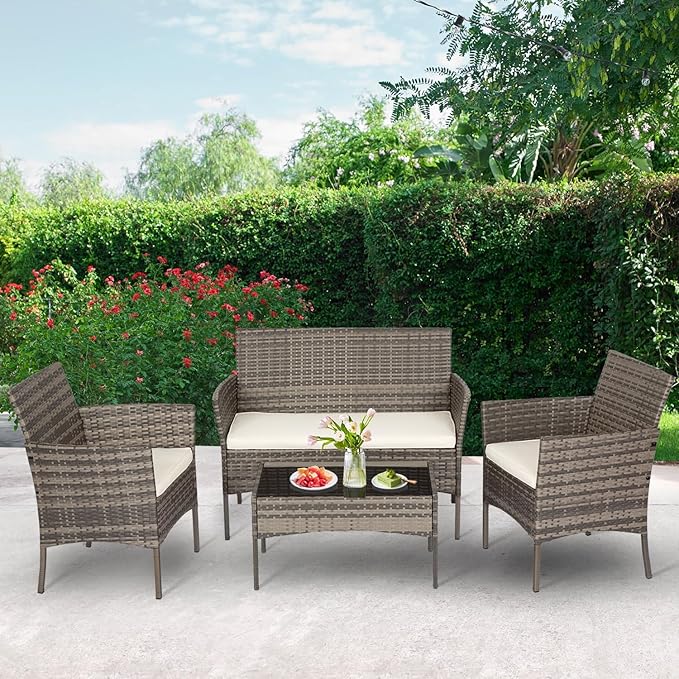 FDW | 4-Piece Patio Furniture Set | Gray & Khakhi | Outdoor Wicker Furniture - Image 2