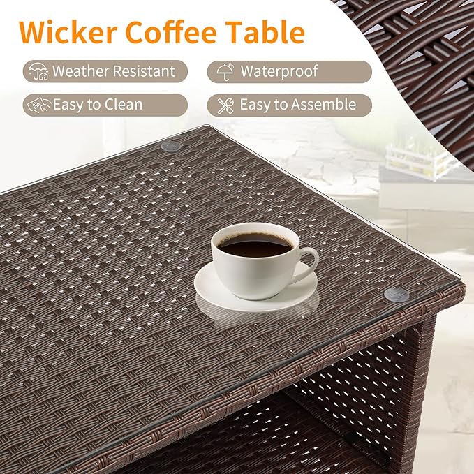 VINGLI Outdoor Wicker CoffeeTable Patio Coffee Tables - Image 4