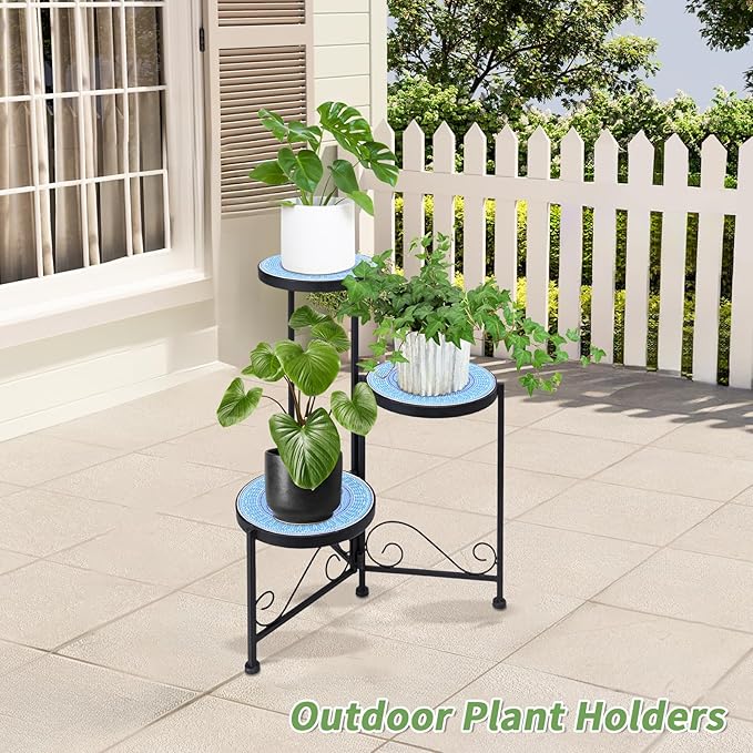 Plant Stand Indoor 3 Tie Mosaic Metal Corner Shelf Outdoor Plant Pot Holder - Image 8