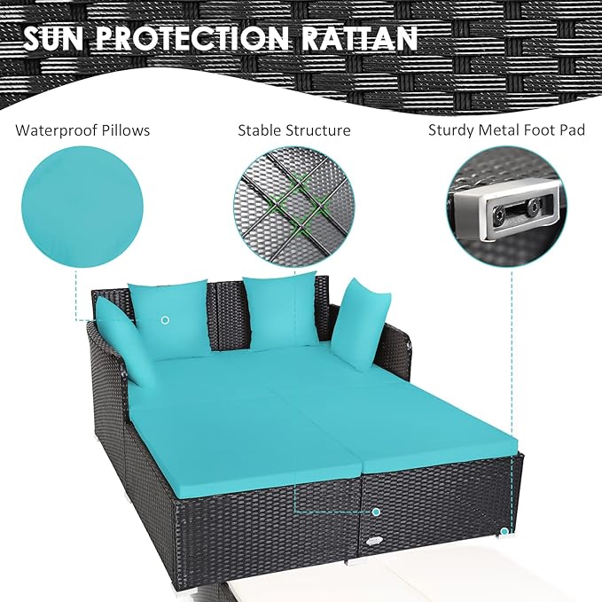 COSTWAY Outdoor Patio Rattan Daybed, Sponge Cushioned Loveseat Sofa - Image 7