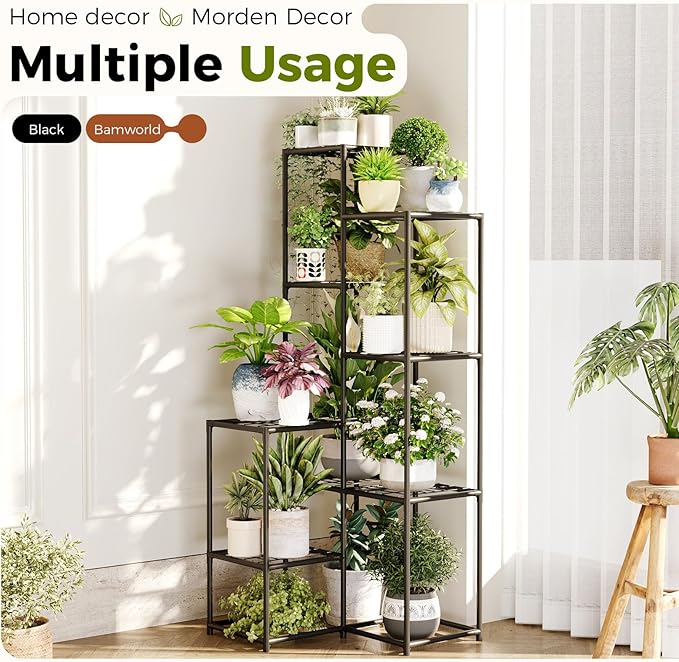 Bamworld Black Plant Stand Indoor Outdoor Corner Plant Shelf 54.7" Tall Plant - Image 5