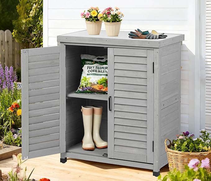 Outdoor Potting Bench with Storage Cabinet and Metal Top, Wood Workstation - Image 2
