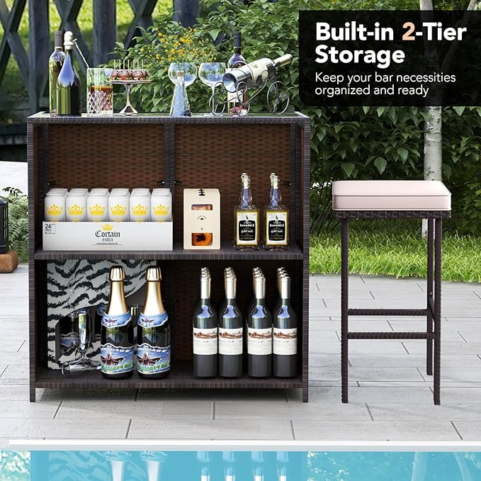 Tangkula 3 Piece Patio Bar Set, Outdoor Rattan Bar Table and 2 Stools - Image 5