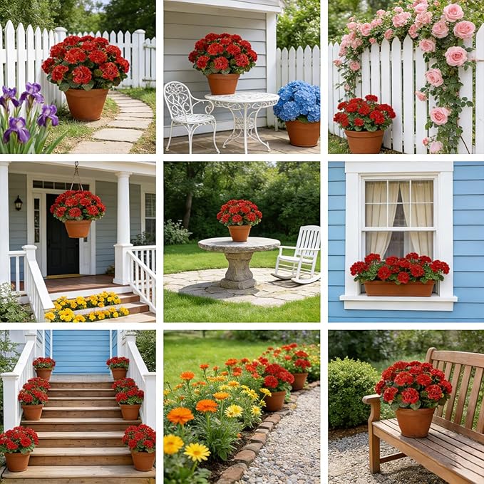 Artificial Flowers for Outdoors, 6 Bundles Realistic Silk Fake Red Geraniums - Image 7